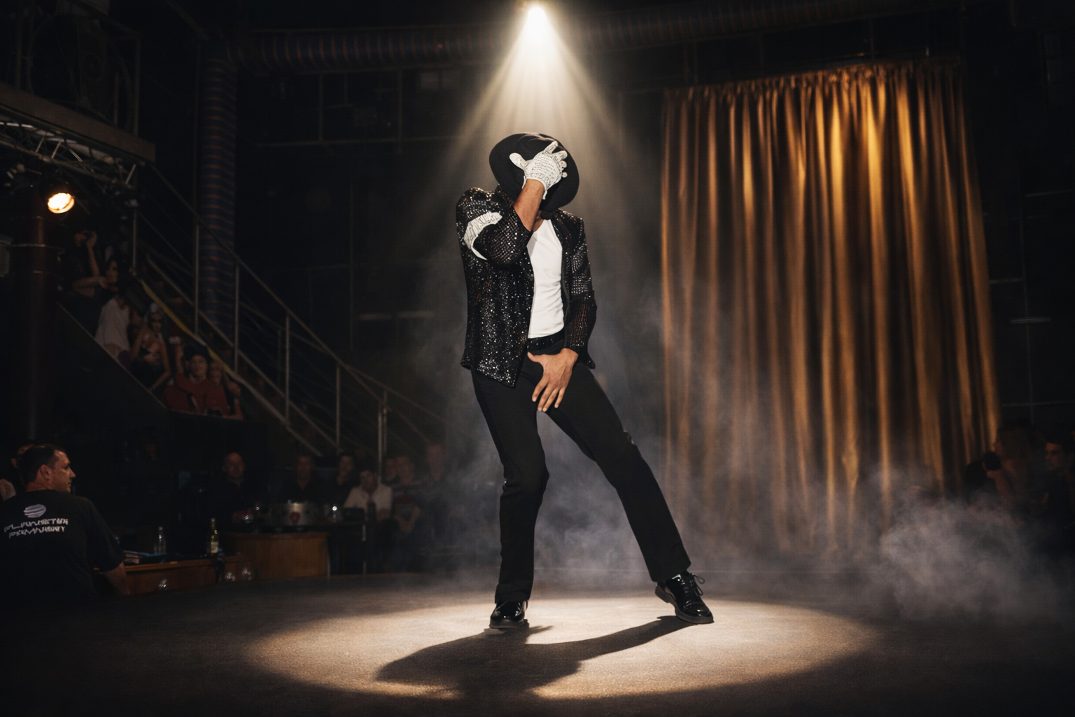 Michael Jackson tribute artist performing Billie Jean on stage with live vocals and iconic dance moves