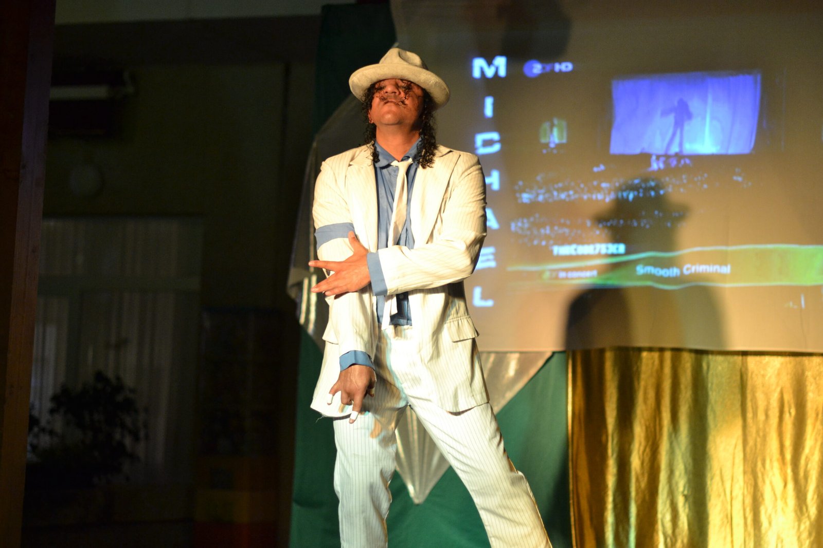 Michael Jackson tribute artist performing Smooth Criminal live on stage with iconic choreography and stage presence